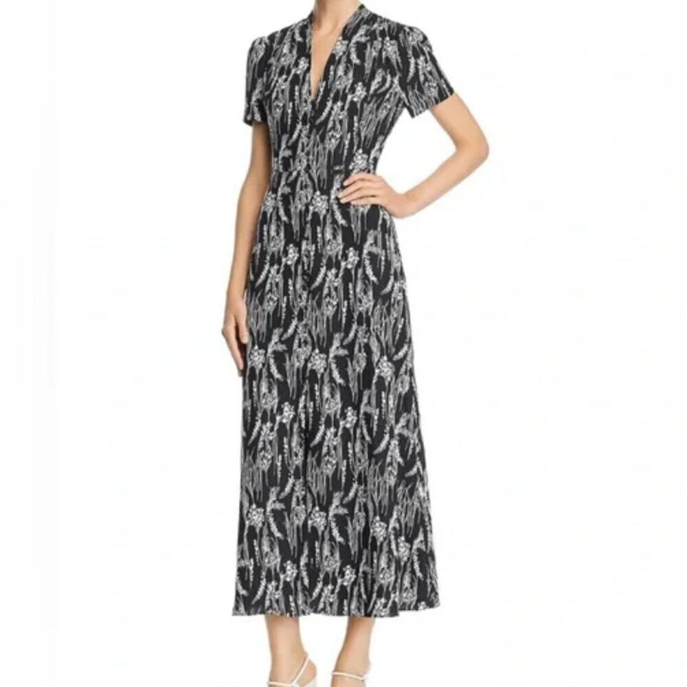 Equipment Gaetan White Floral on Black Button Front Tea Length Dress (0)